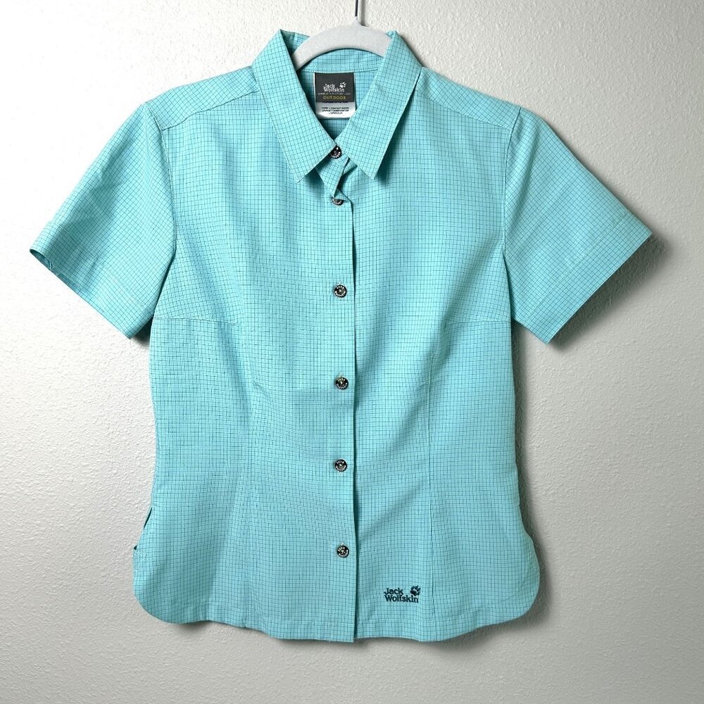 Jack Wolfskin Outdoor Top Womens Size S Blue Check Button Up Short Sleeve Logo